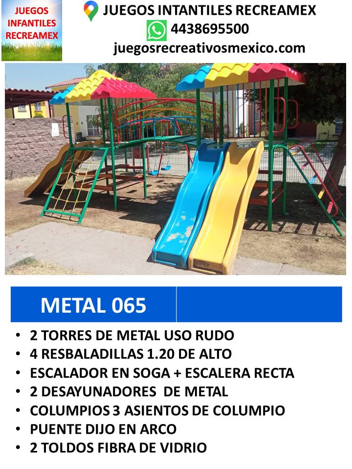 modulo de mteal con resbaladillas, escalador en soga, desayunador, columpios